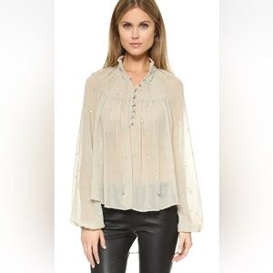 Free People Ready To Run Embellished Smocked Sheer Blouse Grey Mist Boho Chic